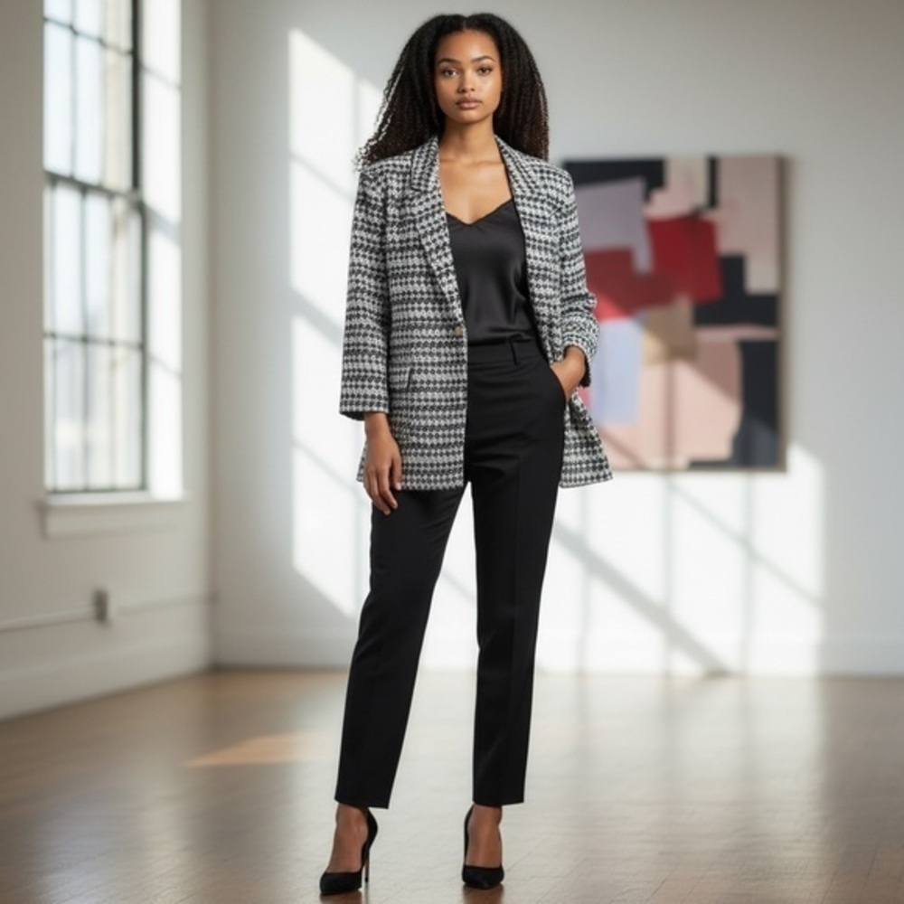 MISook Black White Houndstooth Knit Gold Button Business Casual Jacket Blazer L - Picture 6 of 6